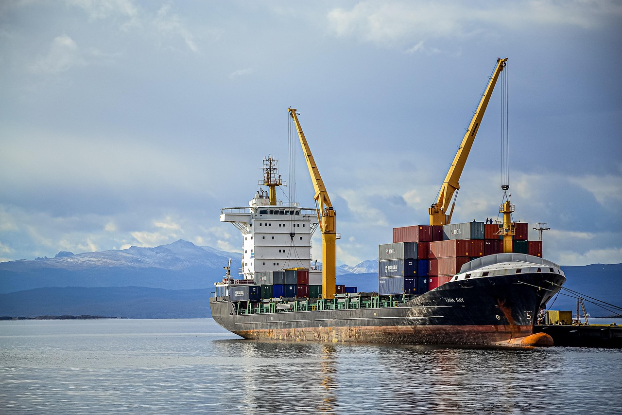 Ship-to-shore crane loading a cargo vessel